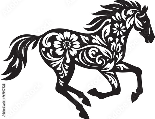 floral decorative black horse stencil silhouette 2d flat illustration sublimation
