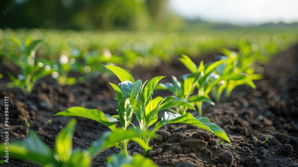Young green plants thrive in a fertile field during the golden hour of early summer Young green plants thrive in a fertile field during the golden hour of early summer