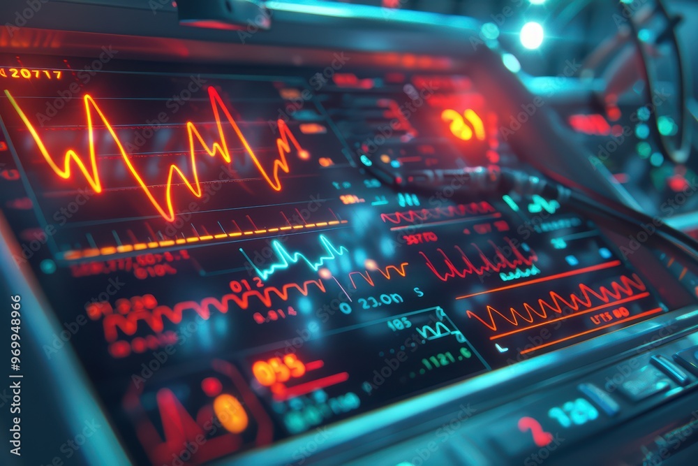Close-up of a modern medical monitor displaying vital signs and waveforms in vibrant colors, indicating patient health metrics. Close-up of a modern medical monitor displaying vital signs and waveforms in vibrant colors, indicating patient health metrics.