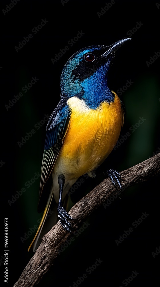 Obraz premium Regal Sunbird Perched on a Branch on a Black Background, Realistic Photo, Wallpaper, Cover and Screen for Smartphone, PC, Laptop, 9:16 and 16:9 Format