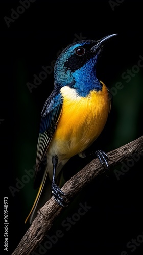 Regal Sunbird Perched on a Branch on a Black Background, Realistic Photo, Wallpaper, Cover and Screen for Smartphone, PC, Laptop, 9:16 and 16:9 Format photo