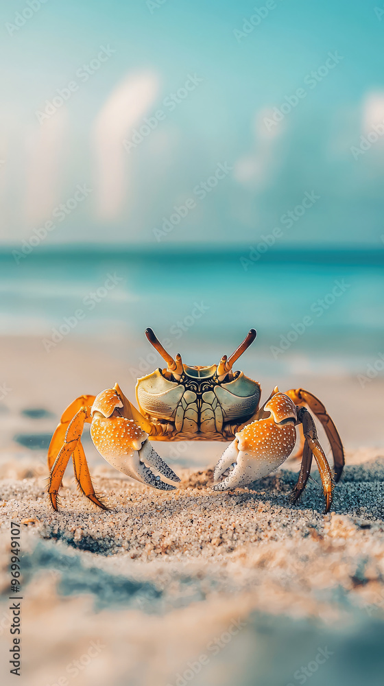 A close up of crab scuttling across sandy ocean shore, showcasing its vibrant colors and intricate details A close up of crab scuttling across sandy ocean shore, showcasing its vibrant colors and intricate details