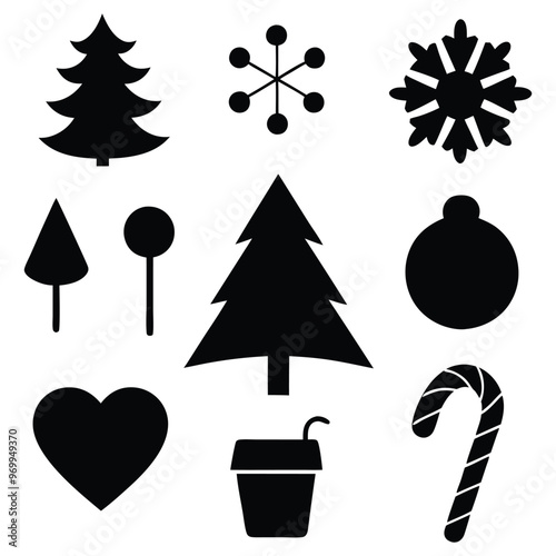 Design a logo icon set featuring silhouettes of a Christmas tree, a candy cane, and a snowflake