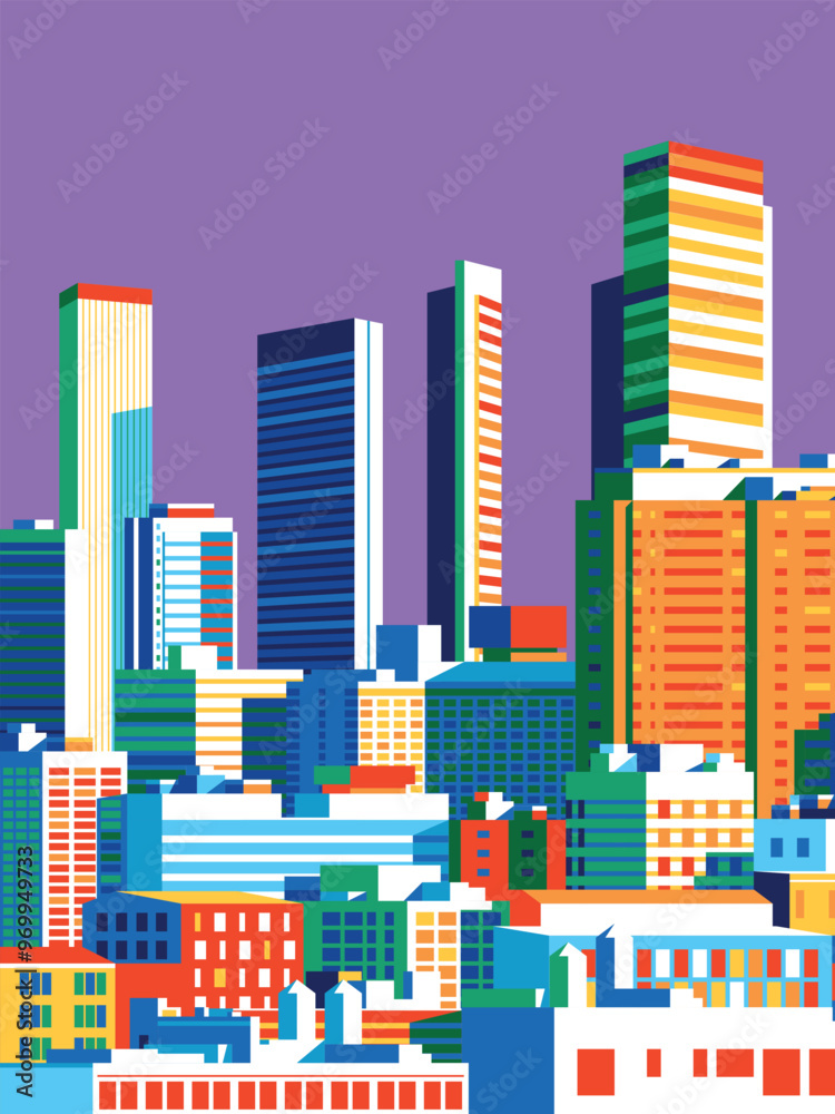 Cityscape overlooking high-rise corporate buildings in the commercial and financial center and luxury condominiums in the city center. Handmade drawing vector illustration. Pop art style poster. Cityscape overlooking high-rise corporate buildings in the commercial and financial center and luxury condominiums in the city center. Handmade drawing vector illustration. Pop art style poster.