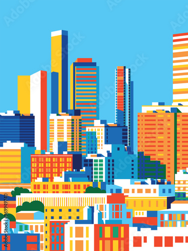 Cityscape overlooking high-rise corporate buildings in the commercial and financial center and luxury condominiums in the city center. Handmade drawing vector illustration. Pop art style poster.