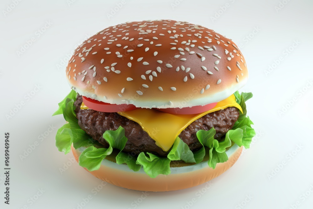 Delicious cheeseburger with fresh lettuce, tomato, and a sesame seed bun, perfect for food lovers and culinary enthusiasts.