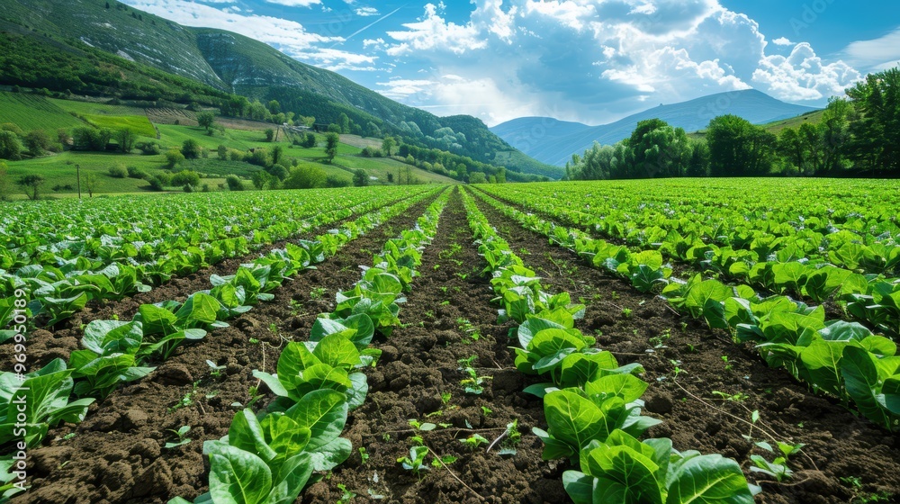 Lush green vegetable field under a bright blue sky in a mountainous region during daytime Lush green vegetable field under a bright blue sky in a mountainous region during daytime