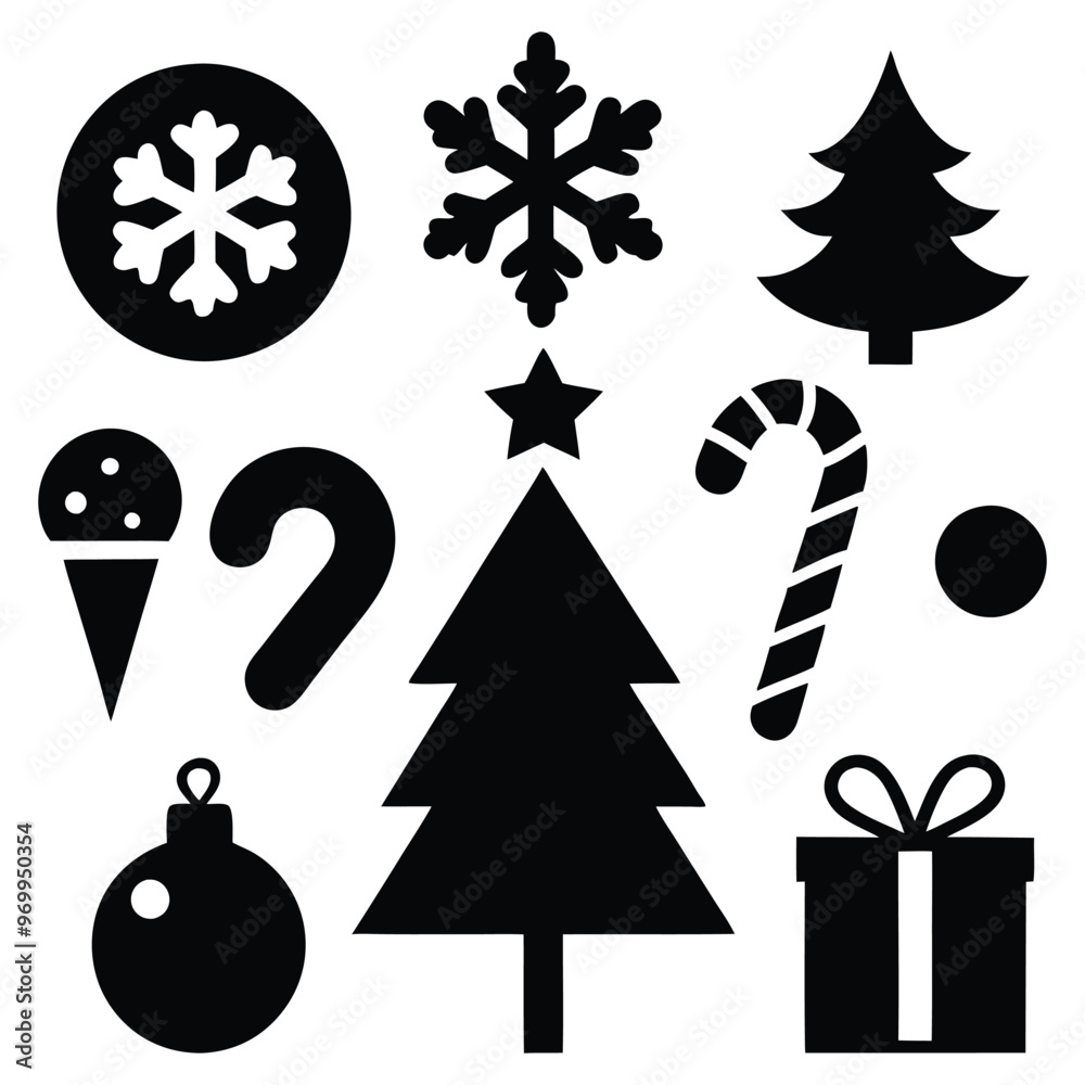 Design a logo icon set featuring silhouettes of a Christmas tree, a candy cane, and a snowflake Design a logo icon set featuring silhouettes of a Christmas tree, a candy cane, and a snowflake