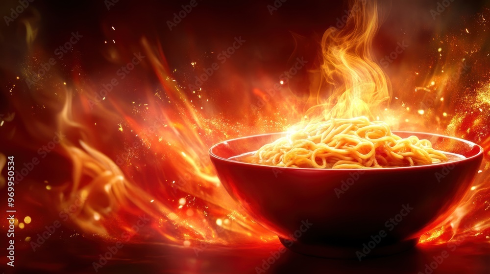 Bowl of Noodles Set Against a Fiery Background Bowl of Noodles Set Against a Fiery Background
