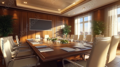 Wallpaper Mural Modern Boardroom with Large Windows and Wooden Accents Torontodigital.ca