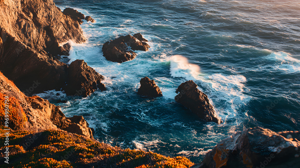 Obraz premium A cliffside viewpoint with a breathtaking ocean view waves crashing against the rocks below.