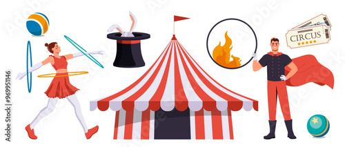 Circus elements set. Woman with colorful hula hoops, man with fire ring. Entertainment and leisure, fun. Tickets, ball and rabbit in hat. Flat vector collection isolated on white background