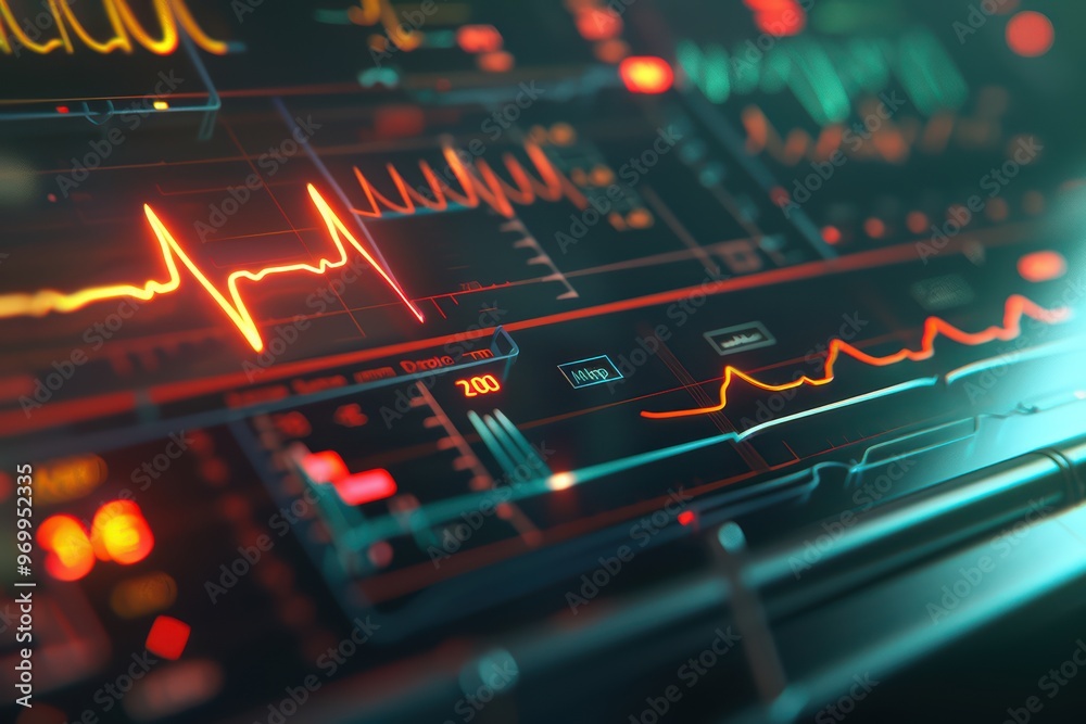 Futuristic medical monitor displaying heartbeat and health data on a vibrant electronic interface. Futuristic medical monitor displaying heartbeat and health data on a vibrant electronic interface.