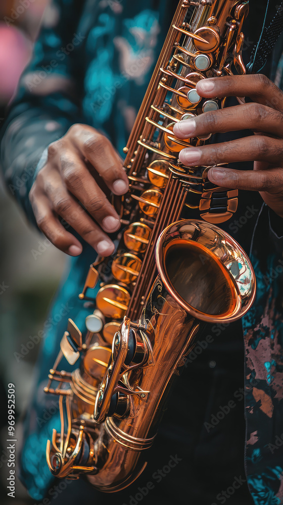 Obraz premium Passionate saxophonist playing golden saxophone with skillful hands