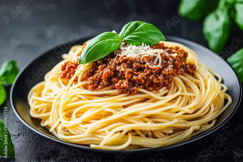 Spaghetti Bolognese with Fresh Basil and Parmesan on a Black Plate