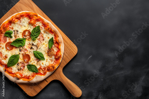 Brick Oven Pizza on Wooden Peel with Fresh Basil