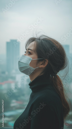 Contemplative Woman in Face Mask Against City Skyline