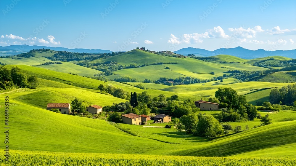 A picturesque stock photo of a rolling countryside with vibrant green fields, dotted with grazing cows and quaint farmhouses. A picturesque stock photo of a rolling countryside with vibrant green fields, dotted with grazing cows and quaint farmhouses.