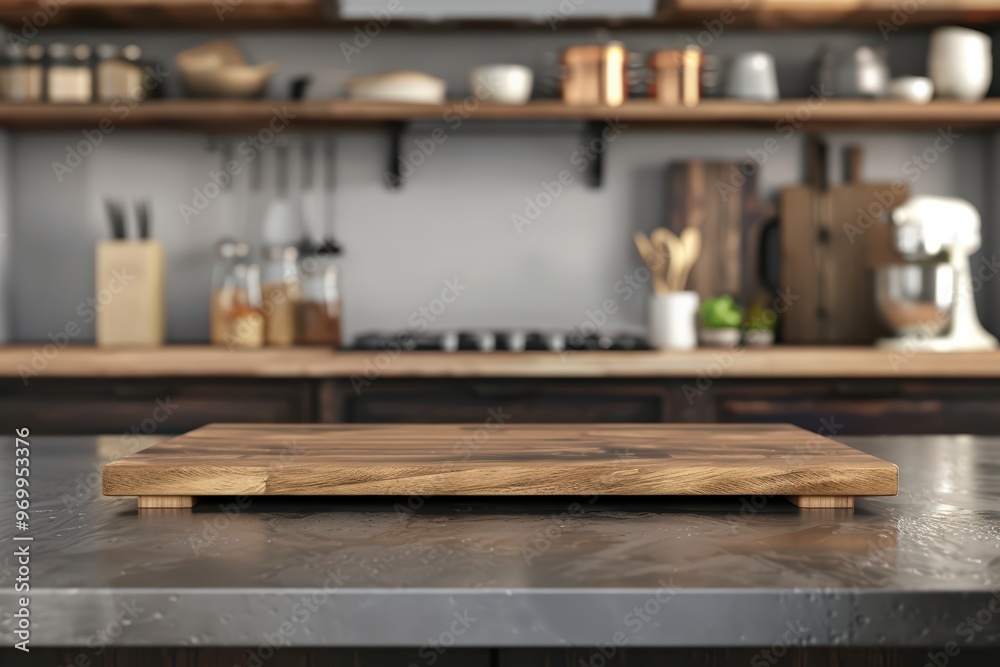 Modern kitchen interior with a wooden chopping board, ideal for culinary presentations and cooking demonstrations. Modern kitchen interior with a wooden chopping board, ideal for culinary presentations and cooking demonstrations.