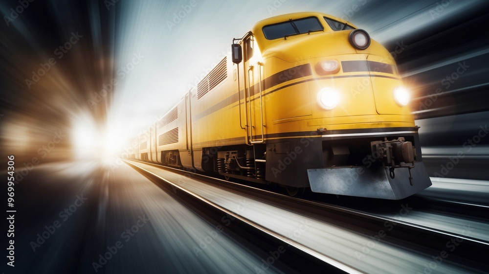 Naklejka premium Old yellow train from the middle of 20th century riding fast symbolizing the contrast between the past and the present. Generative ai