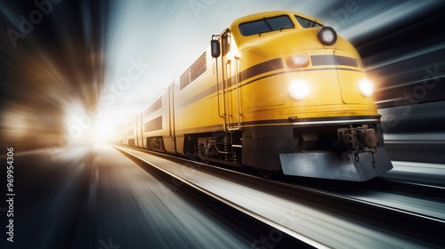 Old yellow train from the middle of 20th century riding fast symbolizing the contrast between the past and the present. Generative ai photo