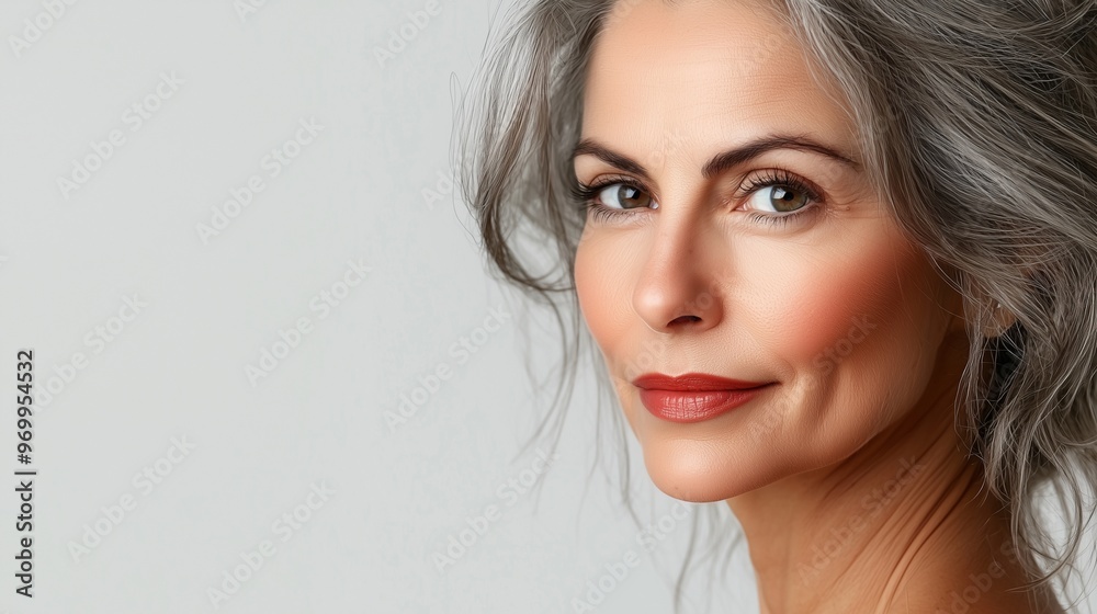 Naklejka premium Beautiful gorgeous 50s mid aged mature woman looking at camera isolated on white. mature old lady close up portrait. healthy face skin care beauty middle age skincare cosmetics cosmetology concept.
