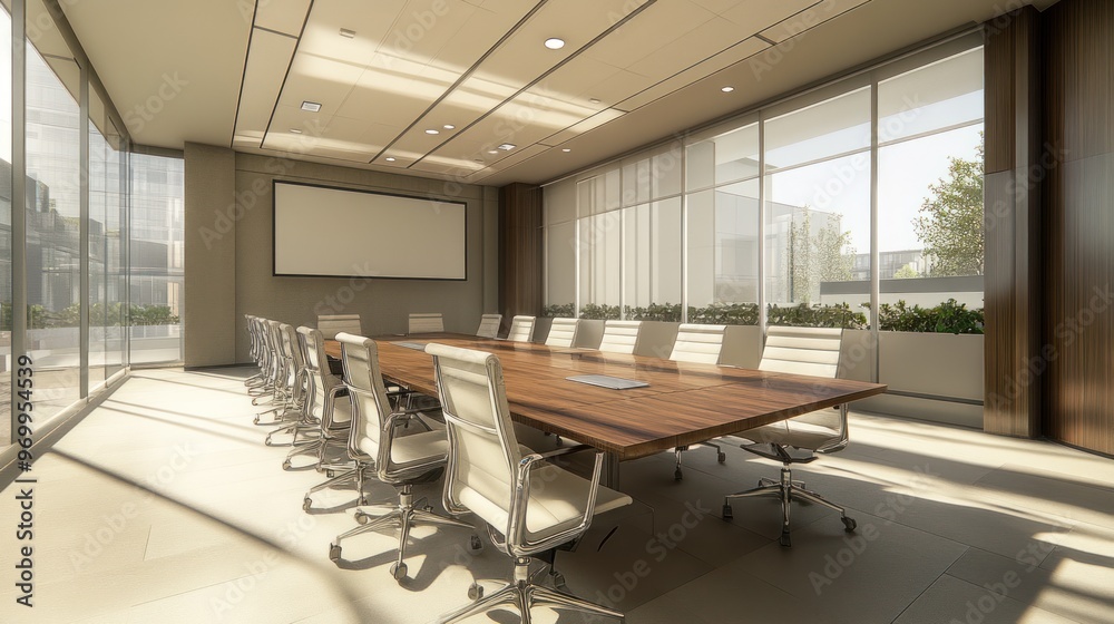 Modern Conference Room with Large Windows and Wooden Table Modern Conference Room with Large Windows and Wooden Table