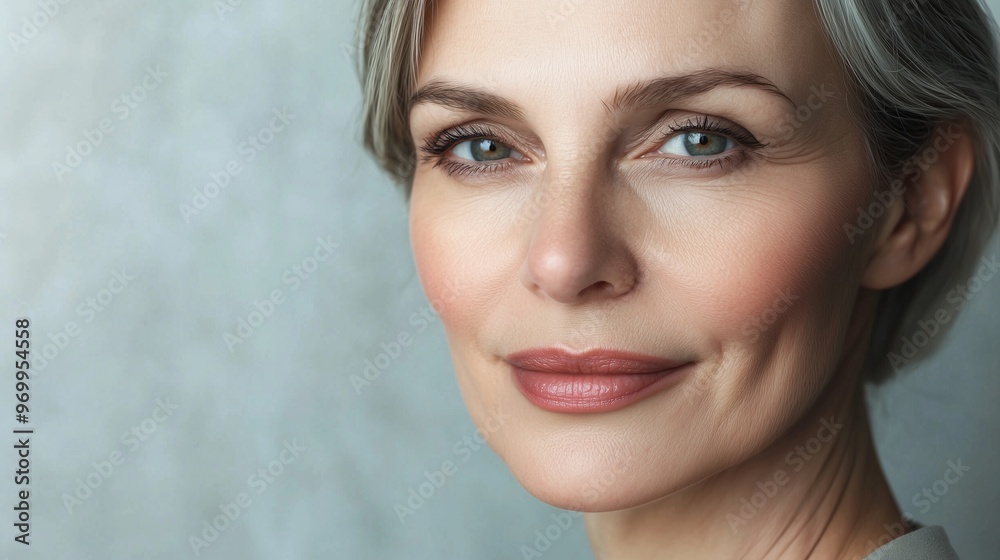 Fototapeta premium Beautiful gorgeous 50s mid aged mature woman looking at camera isolated on white. mature old lady close up portrait. healthy face skin care beauty middle age skincare cosmetics cosmetology concept.