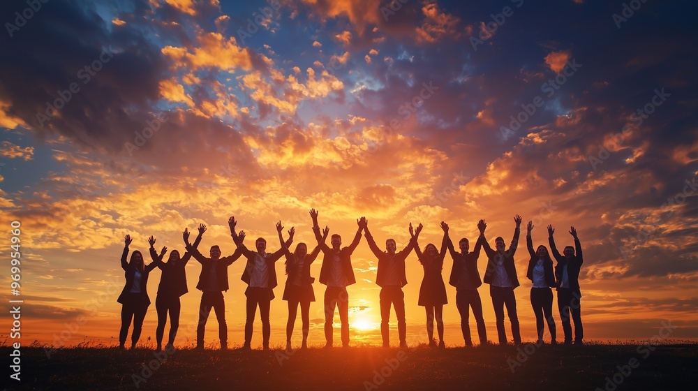 Silhouette of group happy business team making high hands over head in beautiful sunset sky evening time for business success and teamwork concept in company. Silhouette of group happy business team making high hands over head in beautiful sunset sky evening time for business success and teamwork concept in company.