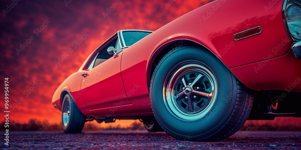 Naklejka premium Red sports muscle car on the road at sunset. Generative ai