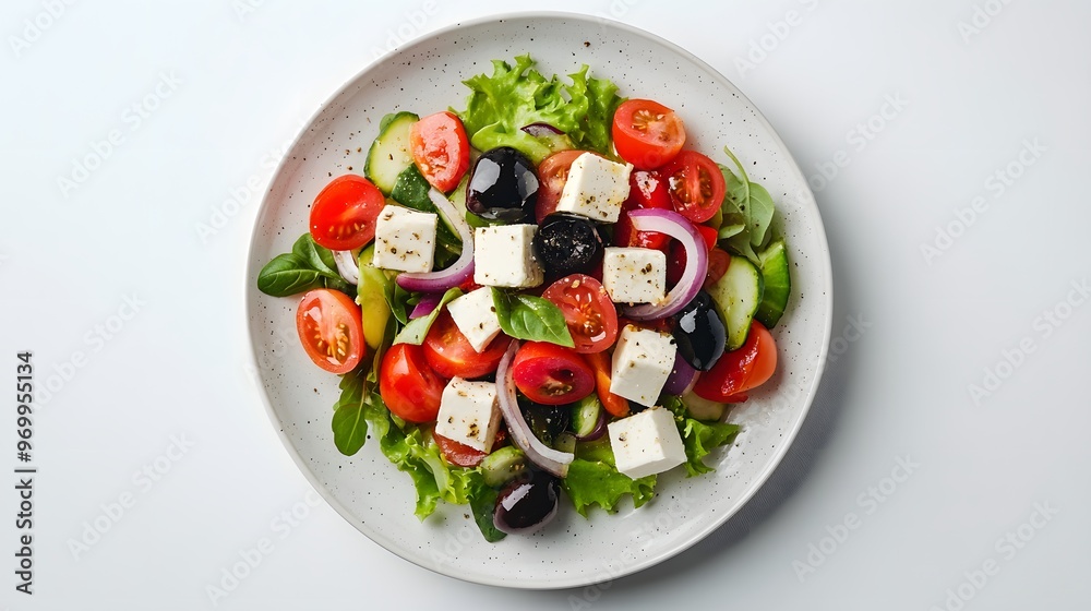 Fresh greek salad with feta, olives, and cherry tomatoes on a white plate Fresh greek salad with feta, olives, and cherry tomatoes on a white plate