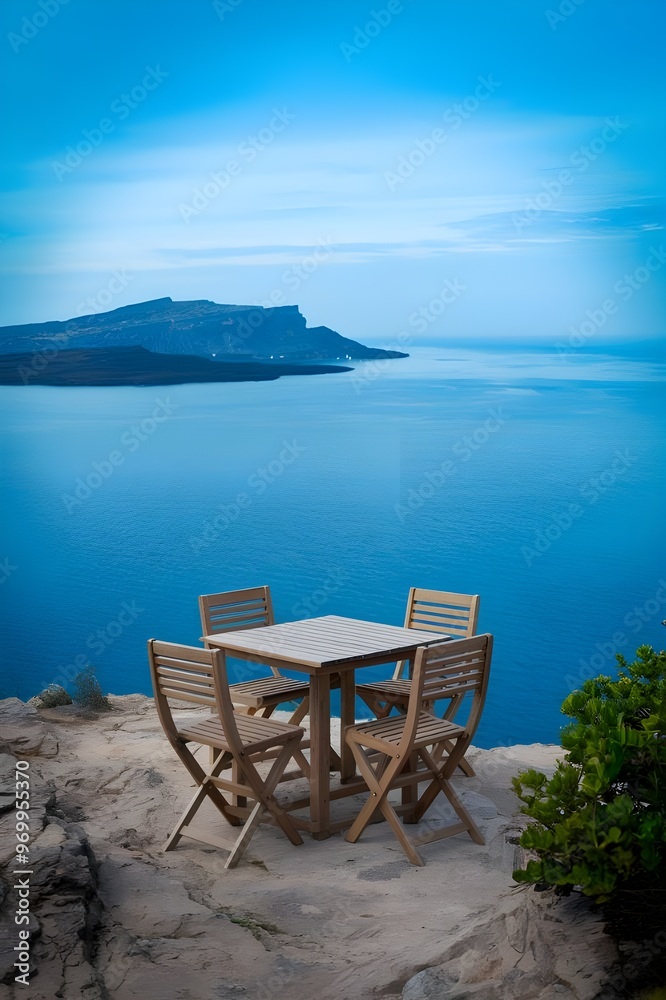 Fototapeta premium A wooden table placed on a rocky terrain near the sea. The table has four chairs and is placed near the edge of a cliff. 