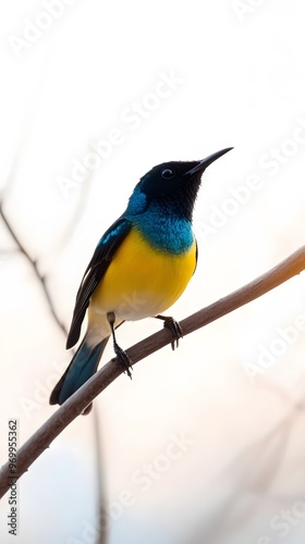 Regal Sunbird Perched on a Branch on a White Background, Realistic Photo, Wallpaper, Cover and Screen for Smartphone, PC, Laptop, 9:16 and 16:9 Format