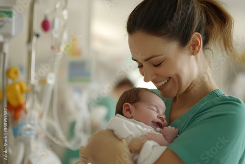 Nurse Cradling Newborn Baby with Genuine Emotions, Tender Care and Maternal Comfort photo