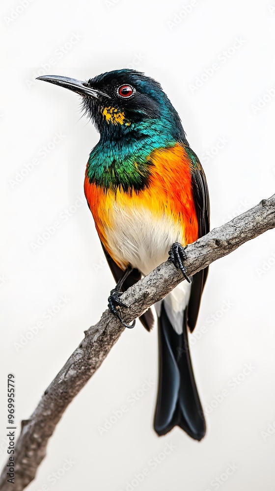 Obraz premium Regal Sunbird Perched on a Branch on a White Background, Realistic Photo, Wallpaper, Cover and Screen for Smartphone, PC, Laptop, 9:16 and 16:9 Format