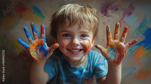 Beautiful happy boy with painted hands.