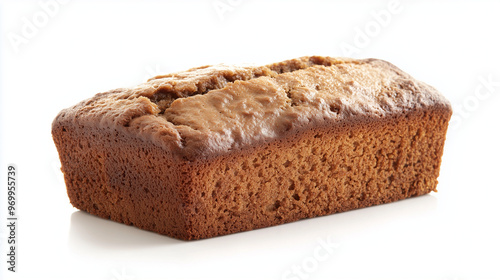 A close-up of a freshly baked brown loaf cake on a white background, showcasing its golden crust and moist texture.