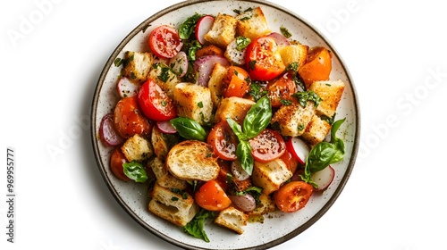 Fresh panzanella salad with cherry tomatoes, radishes, and basil on a white plate