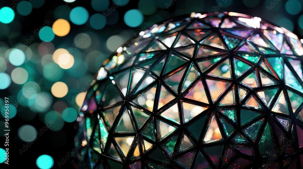 Fototapeta premium Iridescent Sphere with Triangular Panels and Bokeh Lights