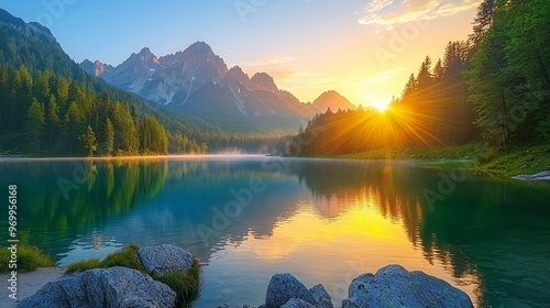 Calm morning view of fusine lake. colorful summer sunrise in julian alps with mangart peak on background province of udine italy europe. beauty of nature concept background. photo