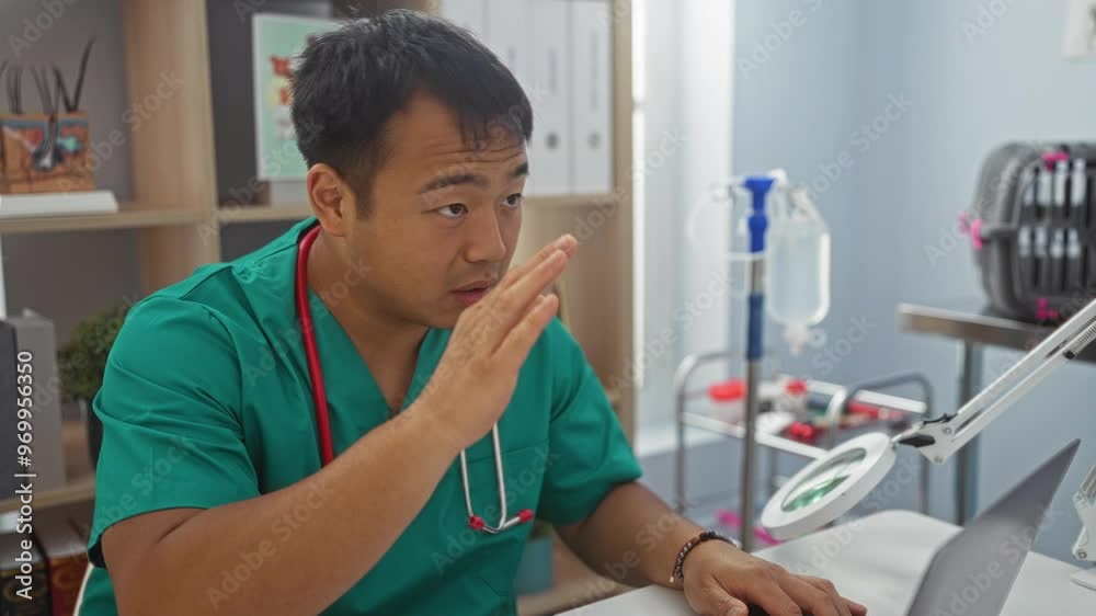 Young chinese man working in a veterinary clinic, wearing a green uniform and a red stethoscope, examining documents indoors with medical equipment in the background. Young chinese man working in a veterinary clinic, wearing a green uniform and a red stethoscope, examining documents indoors with medical equipment in the background.