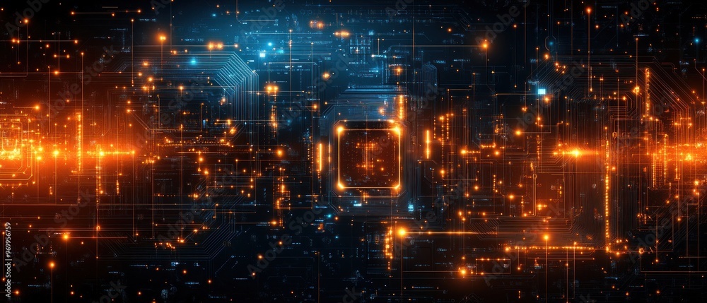 Fototapeta premium Abstract Glowing Circuit Board with Orange and Blue Lines