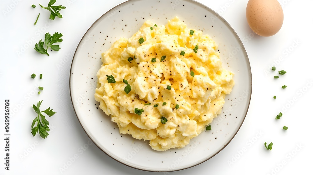 Delicious creamy scrambled eggs with fresh herbs on porcelain plate Delicious creamy scrambled eggs with fresh herbs on porcelain plate
