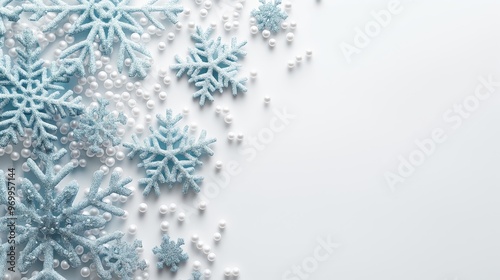 Intricate 3d flying spiral snowflakes against a wintery white background for New Year celebrations wide banner