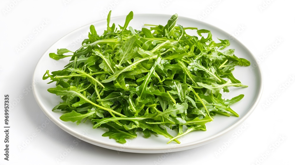 Fresh arugula leaves piled on a white plate for healthy salad options Fresh arugula leaves piled on a white plate for healthy salad options
