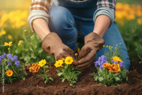 A woman plants colorful flowers in her garden in spring