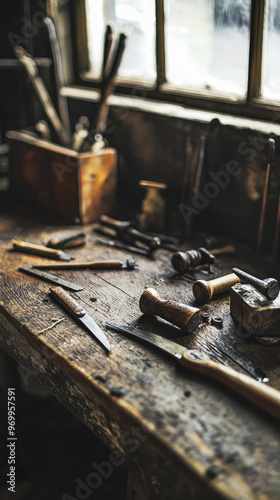 Ancient tools used for craftsmanship on wooden table evoke nostalgia