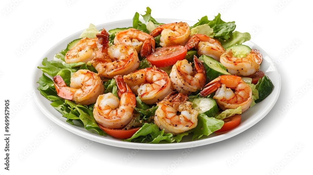 Fresh grilled shrimp salad with mixed greens, cherry tomatoes, and cucumber Fresh grilled shrimp salad with mixed greens, cherry tomatoes, and cucumber