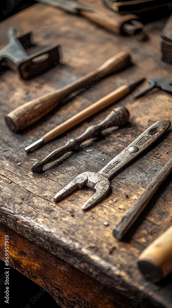 Ancient tools used for craftsmanship on wooden table evoke nostalgia Ancient tools used for craftsmanship on wooden table evoke nostalgia