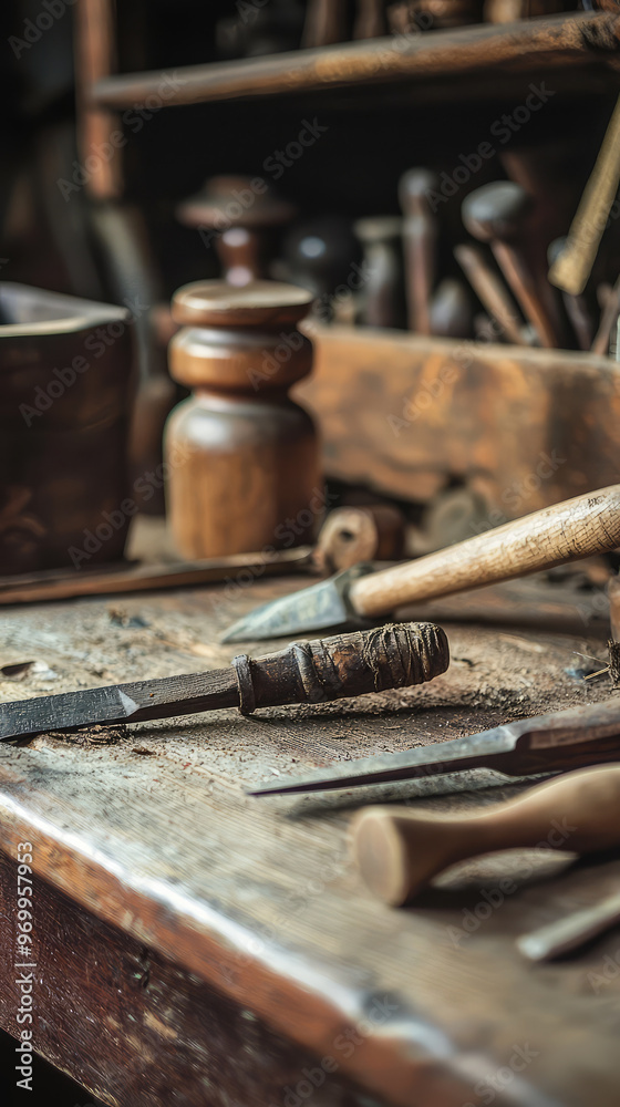 Ancient tools used for craftsmanship on wooden workbench Ancient tools used for craftsmanship on wooden workbench